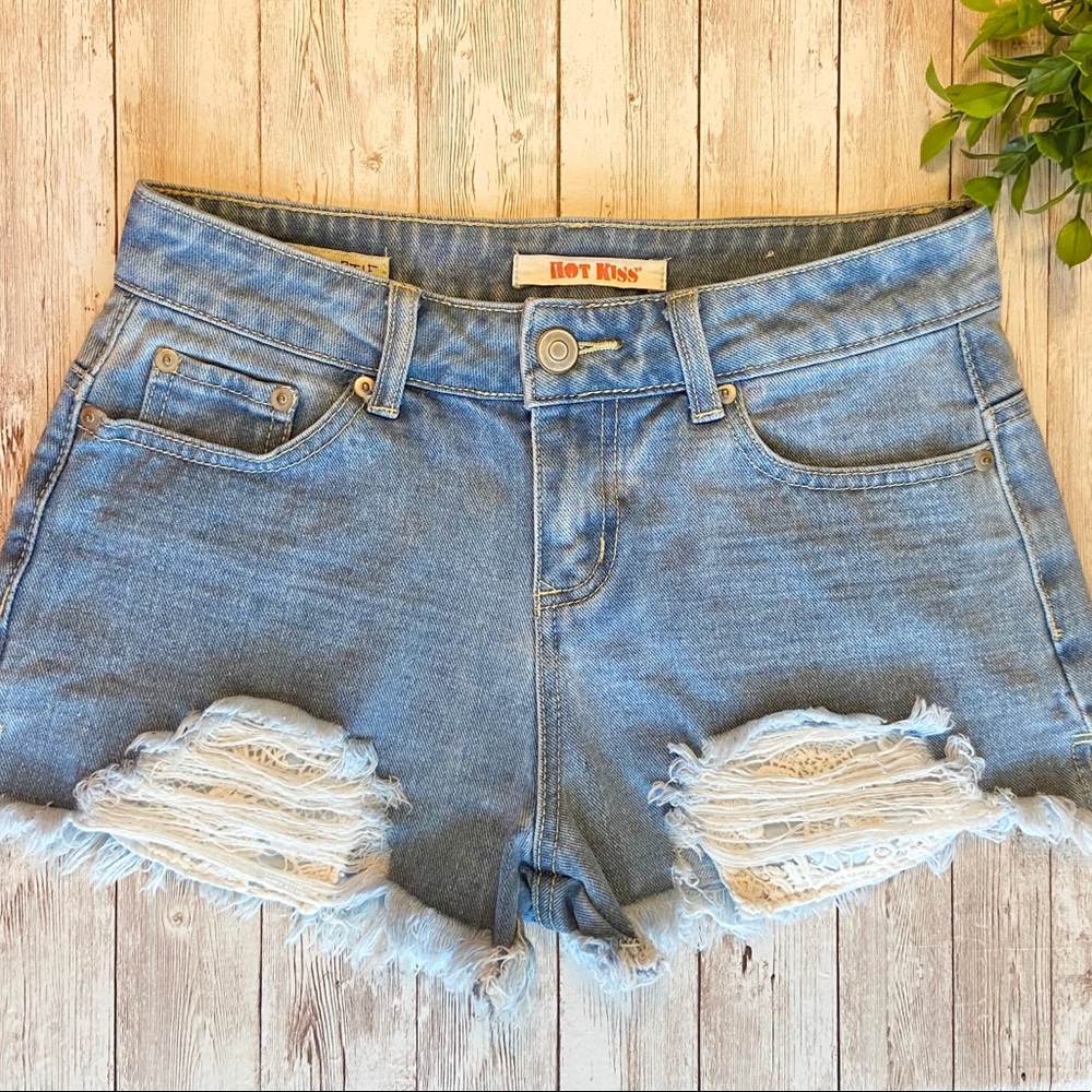 Hot Kiss High Rise Shortie Distressed Denim shorts